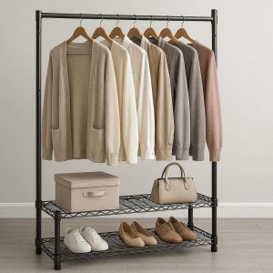 Heavy Duty Metal Garment Rack With Bottom Shelves For Professional Bedroom Wardrobe Organization
