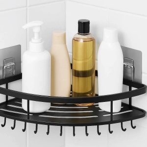 Corner Shower Caddy With Adhesive Hooks For Rust Proof Bathroom Storage And Shampoo Organization