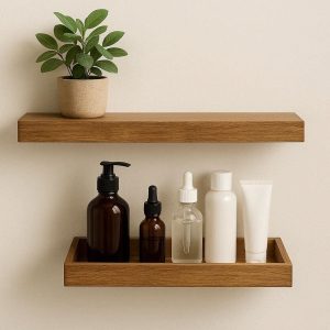 Floating Wooden Bathroom Shelf Set For Wall Decor And Skin Care Bottle Organization Tray
