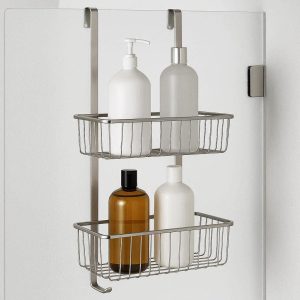 Stainless Steel Over The Door Shower Caddy With Two Baskets For Large Bottle Bathroom Storage