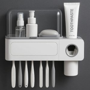 Wall Mounted Toothbrush Holder With Automatic Toothpaste Dispenser And Dust Proof Cover Shelves