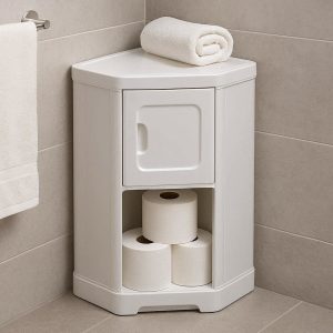 Corner Bathroom Cabinet With Waterproof Plastic Material For Hidden Toilet Paper And Towel Storage