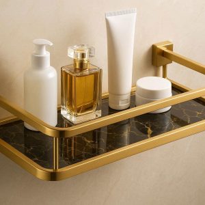 Luxury Gold Metal Bathroom Shelf With Marble Pattern Glass For Upscale Vanity Organization