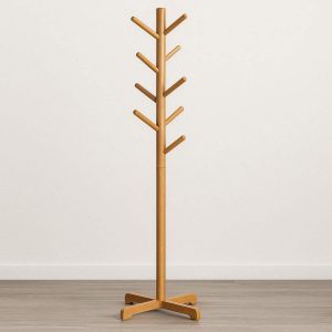 Natural Bamboo Standing Coat Rack With Eight Hooks For Entryway Hallway And Office Organization