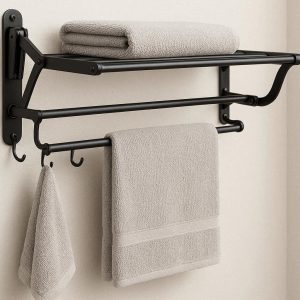 Wall Mounted Foldable Bathroom Towel Shelf With Hooks For Space Saving Drying And Storage