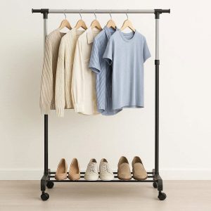 Retractable Double Pole Garment Rack With Shoe Rack For Extra Wardrobe Capacity And Home Storage